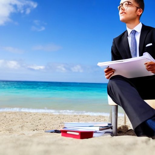 A man sitting on the beach holding papers